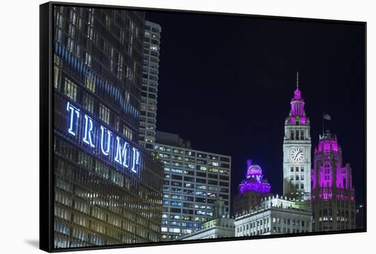 The Wrigley Building and Tribune Tower Illuminated at Night, Chicago, Illinois.-Jon Hicks-Framed Stretched Canvas