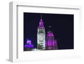 The Wrigley Building and Tribune Tower Illuminated at Night, Chicago, Illinois.-Jon Hicks-Framed Photographic Print