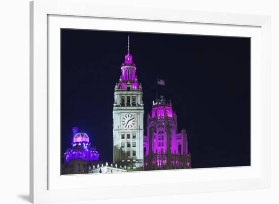 The Wrigley Building and Tribune Tower Illuminated at Night, Chicago, Illinois.-Jon Hicks-Framed Photographic Print