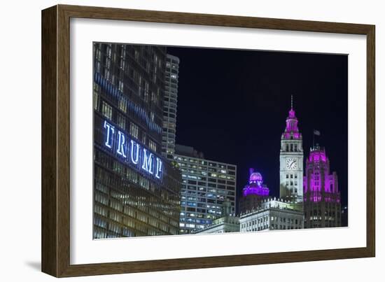 The Wrigley Building and Tribune Tower Illuminated at Night, Chicago, Illinois.-Jon Hicks-Framed Photographic Print