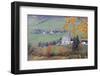 The yellow leaves of a larch frame the alpine church in the fall, St. Magdalena, Funes Valley, Sout-Roberto Moiola-Framed Photographic Print