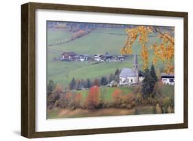 The yellow leaves of a larch frame the alpine church in the fall, St. Magdalena, Funes Valley, Sout-Roberto Moiola-Framed Photographic Print