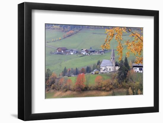 The yellow leaves of a larch frame the alpine church in the fall, St. Magdalena, Funes Valley, Sout-Roberto Moiola-Framed Premium Photographic Print