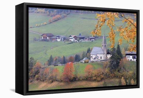 The yellow leaves of a larch frame the alpine church in the fall, St. Magdalena, Funes Valley, Sout-Roberto Moiola-Framed Stretched Canvas