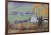 The yellow leaves of a larch frame the alpine church in the fall, St. Magdalena, Funes Valley, Sout-Roberto Moiola-Framed Photographic Print