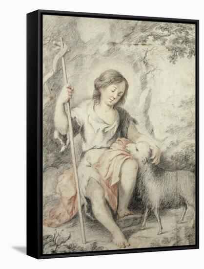 The Young John the Baptist with the Lamb in a Rocky Landscape-Bartolome Esteban Murillo-Framed Stretched Canvas