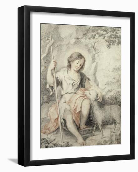 The Young John the Baptist with the Lamb in a Rocky Landscape-Bartolome Esteban Murillo-Framed Giclee Print