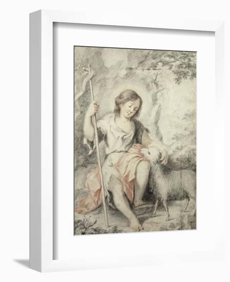 The Young John the Baptist with the Lamb in a Rocky Landscape-Bartolome Esteban Murillo-Framed Giclee Print