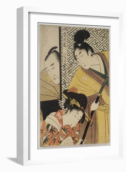 The Young Samurai, Rikiya, with Konami and Honzo Partly Hidden Behind the Door-Kitagawa Utamaro-Framed Giclee Print