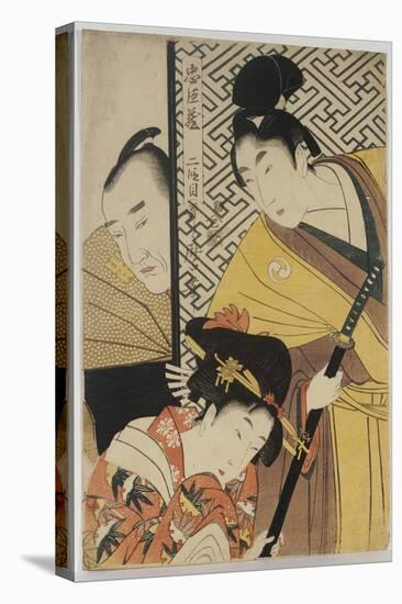 The Young Samurai, Rikiya, with Konami and Honzo Partly Hidden Behind the Door-Kitagawa Utamaro-Stretched Canvas