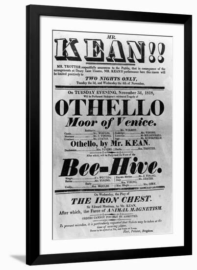 Theatre Bill Advertising Perfomances of Mr. Kean, 1818 (Printed Paper)-English-Framed Giclee Print