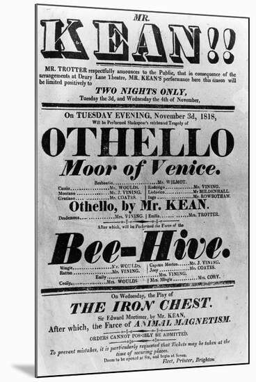 Theatre Bill Advertising Perfomances of Mr. Kean, 1818 (Printed Paper)-English-Mounted Premium Giclee Print