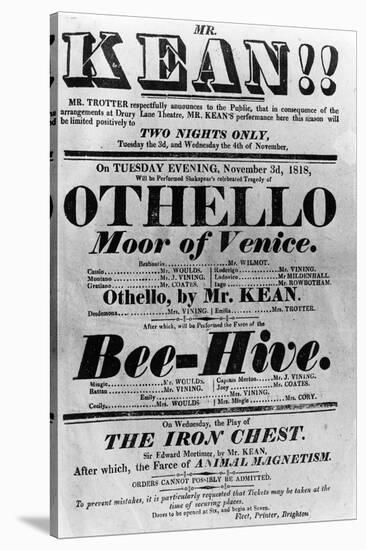 Theatre Bill Advertising Perfomances of Mr. Kean, 1818 (Printed Paper)-English-Stretched Canvas