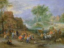 A Village Landscape with Figures Making Merry and Travellers Passing Through a Stream-Theobald Michau-Giclee Print