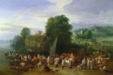 Village Landscape with Farmers unloading their Produce, with Cattle drinking from a Stream-Theobald Michau-Giclee Print