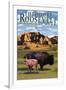 Theodore Roosevelt National Park - Medora, North Dakota - Bison and Calf-Lantern Press-Framed Art Print