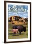 Theodore Roosevelt National Park - Medora, North Dakota - Bison and Calf-Lantern Press-Framed Art Print