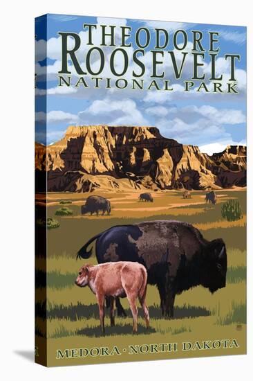 Theodore Roosevelt National Park - Medora, North Dakota - Bison and Calf-Lantern Press-Stretched Canvas