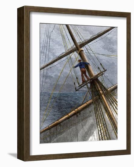 There She Blows Cry of a Whaling Ship Lookout Sighting a Whale, 1800s-null-Framed Giclee Print