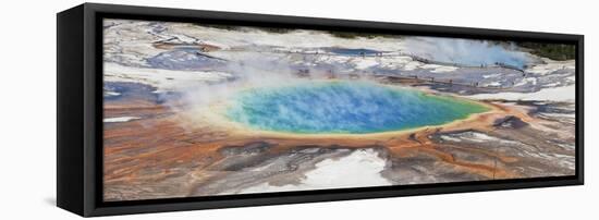 Thermophile bacterial mats and steam rising from hotspring, Midway Geyser Basin-Bill Coster-Framed Stretched Canvas