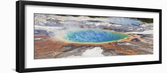 Thermophile bacterial mats and steam rising from hotspring, Midway Geyser Basin-Bill Coster-Framed Photographic Print