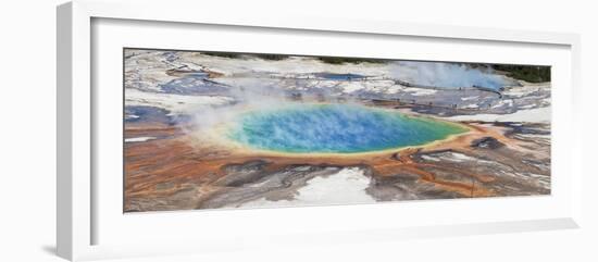 Thermophile bacterial mats and steam rising from hotspring, Midway Geyser Basin-Bill Coster-Framed Photographic Print