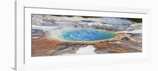 Thermophile bacterial mats and steam rising from hotspring, Midway Geyser Basin-Bill Coster-Framed Photographic Print