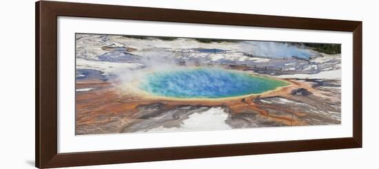 Thermophile bacterial mats and steam rising from hotspring, Midway Geyser Basin-Bill Coster-Framed Photographic Print