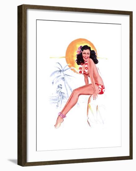 "They Grow Big Coconuts Down Here" 1950s Pin-Up Calendar Girl by T. N. Thompson-Piddix-Framed Art Print