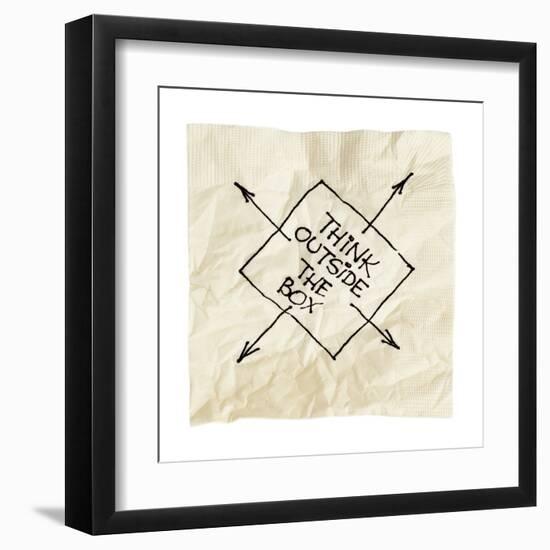 Think Outside The Box - Black Pen Drawing On An Isolated Cocktail Napkin-PixelsAway-Framed Art Print