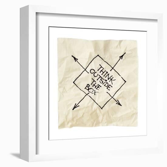 Think Outside The Box - Black Pen Drawing On An Isolated Cocktail Napkin-PixelsAway-Framed Art Print