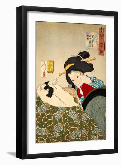 Thirty-Two Daily Scenes: 'Looks Cozy', Mannerisms of a Merchant's Widow-Yoshitoshi Tsukioka-Framed Giclee Print