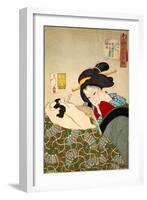 Thirty-Two Daily Scenes: 'Looks Cozy', Mannerisms of a Merchant's Widow-Yoshitoshi Tsukioka-Framed Giclee Print