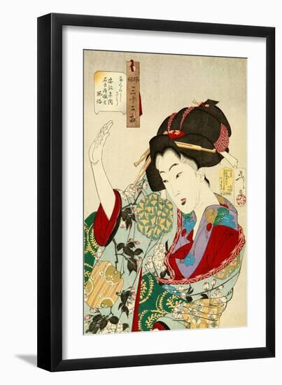 Thirty-Two Daily Scenes: 'Looks Embarrassed', Mannerisms of a Nagoya Girl-Yoshitoshi Tsukioka-Framed Giclee Print