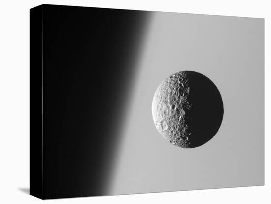 This Amazing Perspective View Captures Battered Moon Mimas Against the Hazy Limb of Planet Saturn-Stocktrek Images-Stretched Canvas