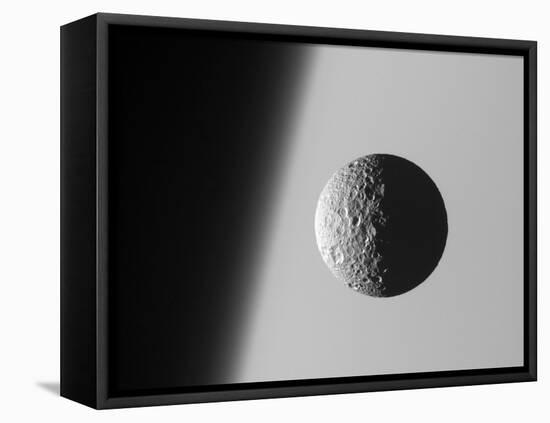 This Amazing Perspective View Captures Battered Moon Mimas Against the Hazy Limb of Planet Saturn-Stocktrek Images-Framed Stretched Canvas