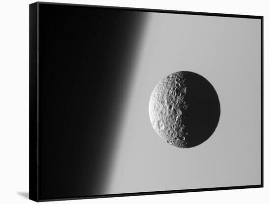 This Amazing Perspective View Captures Battered Moon Mimas Against the Hazy Limb of Planet Saturn-Stocktrek Images-Framed Stretched Canvas