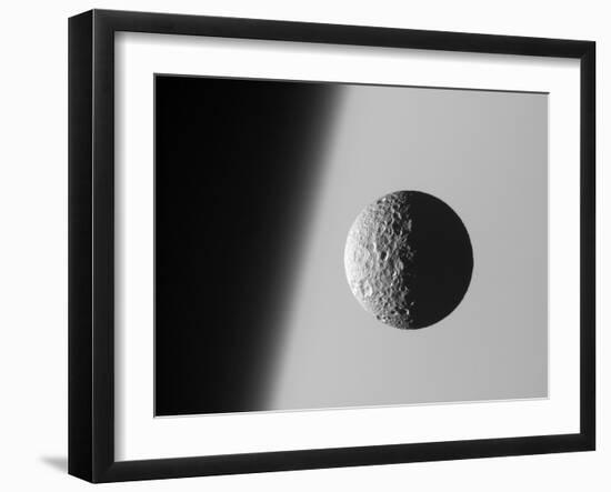 This Amazing Perspective View Captures Battered Moon Mimas Against the Hazy Limb of Planet Saturn-Stocktrek Images-Framed Premium Photographic Print