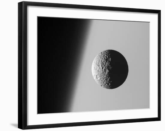 This Amazing Perspective View Captures Battered Moon Mimas Against the Hazy Limb of Planet Saturn-Stocktrek Images-Framed Photographic Print