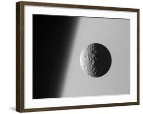 This Amazing Perspective View Captures Battered Moon Mimas Against the Hazy Limb of Planet Saturn-Stocktrek Images-Framed Photographic Print