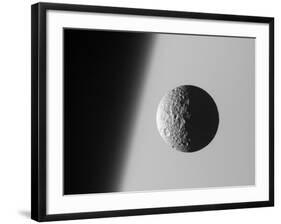 This Amazing Perspective View Captures Battered Moon Mimas Against the Hazy Limb of Planet Saturn-Stocktrek Images-Framed Photographic Print