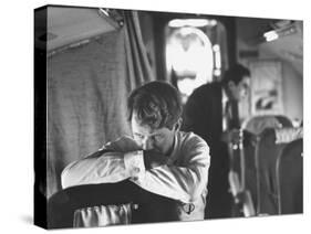 Thoughtful Senator Robert F. Kennedy on Airplane During Campaign Trip to Aid Local Candidates-Bill Eppridge-Stretched Canvas