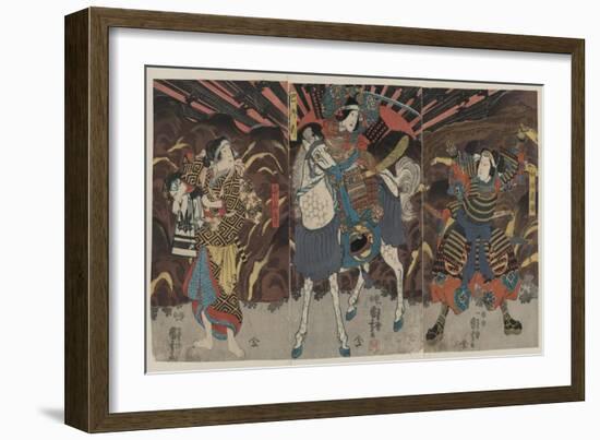 Three Actors in the Roles of Samurai Wadai Yoshimori, Tomoe Gozen, and Yamabuki, 1848-54-Utagawa Kuniyoshi-Framed Giclee Print