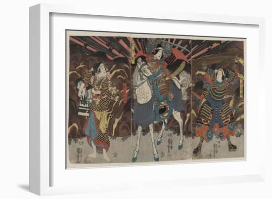Three Actors in the Roles of Samurai Wadai Yoshimori, Tomoe Gozen, and Yamabuki, 1848-54-Utagawa Kuniyoshi-Framed Giclee Print