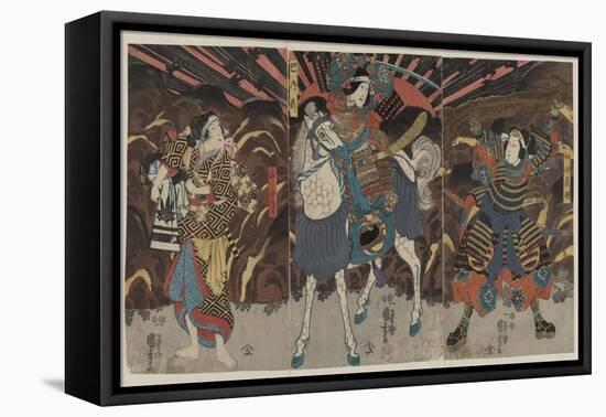 Three Actors in the Roles of Samurai Wadai Yoshimori, Tomoe Gozen, and Yamabuki, 1848-54-Utagawa Kuniyoshi-Framed Stretched Canvas
