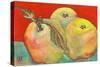 Three Apples with Red Background-Blenda Tyvoll-Stretched Canvas