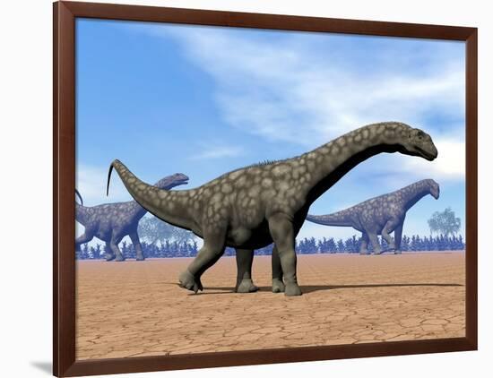 Three Argentinosaurus Dinosaurs Walking in the Desert-null-Framed Art Print