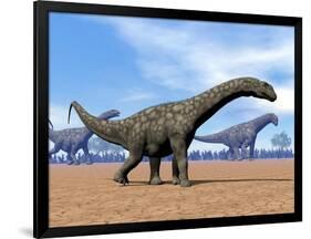 Three Argentinosaurus Dinosaurs Walking in the Desert-null-Framed Art Print