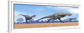 Three Aucasaurus Dinosaurs Running in the Desert-null-Framed Premium Giclee Print