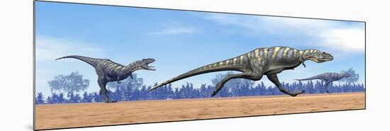 Three Aucasaurus Dinosaurs Running in the Desert-null-Mounted Premium Giclee Print